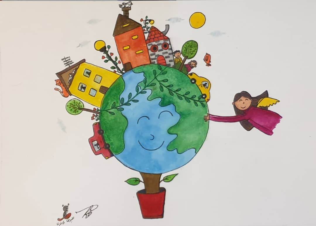 Child drawing by young artist Alireza Radfarnia (Iran, age 9), showing planet Earth growing similar to a tree.