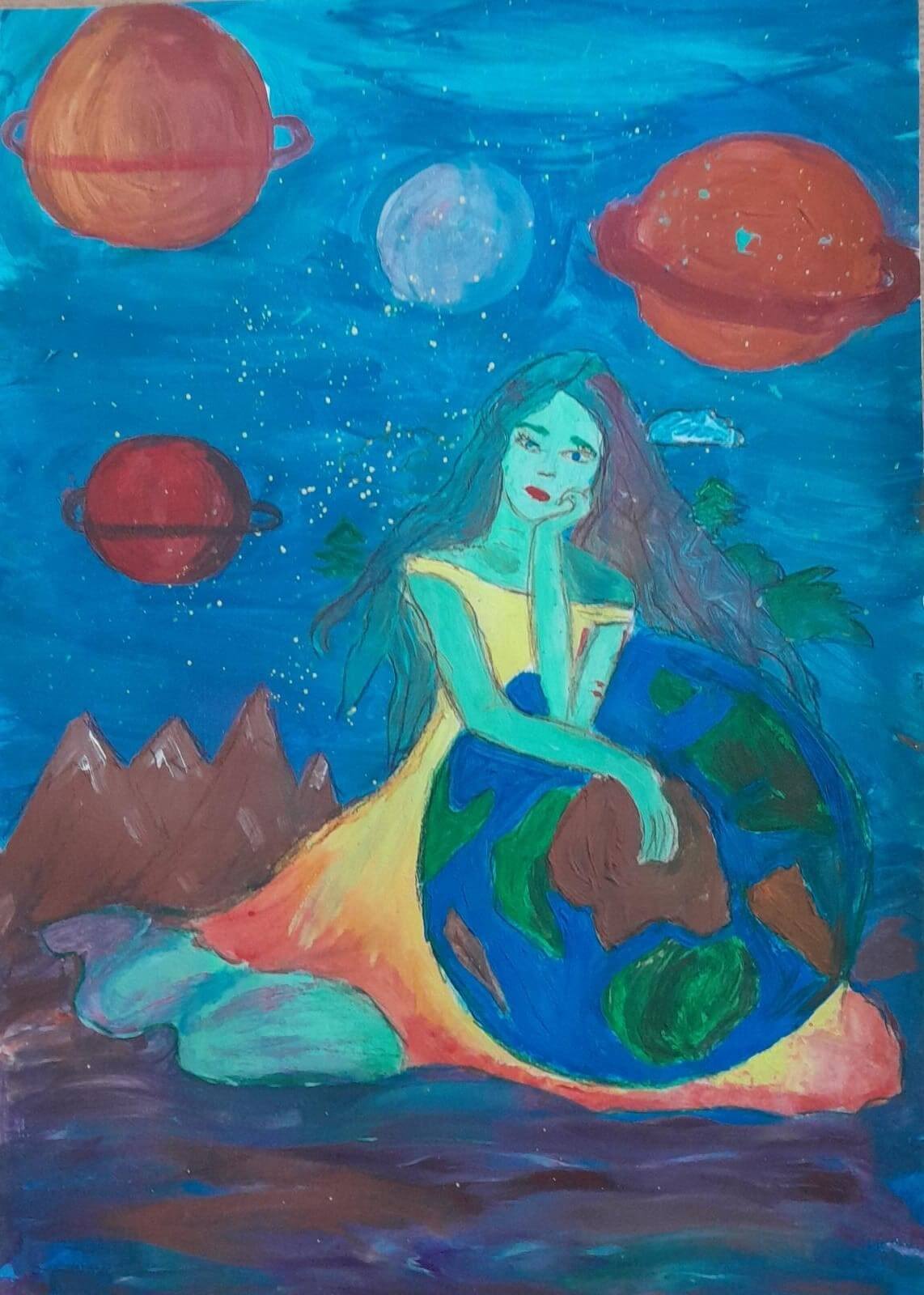 Child drawing by young artist Anastasia Maria Alexiu, representing Mother Earth and planet Earth in Cosmos.