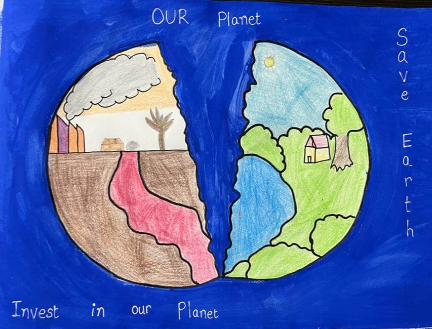 Child drawing by young artist Arsh (India, age 10), showing a broken planet Earth, with the written message: "Invest in our planet".