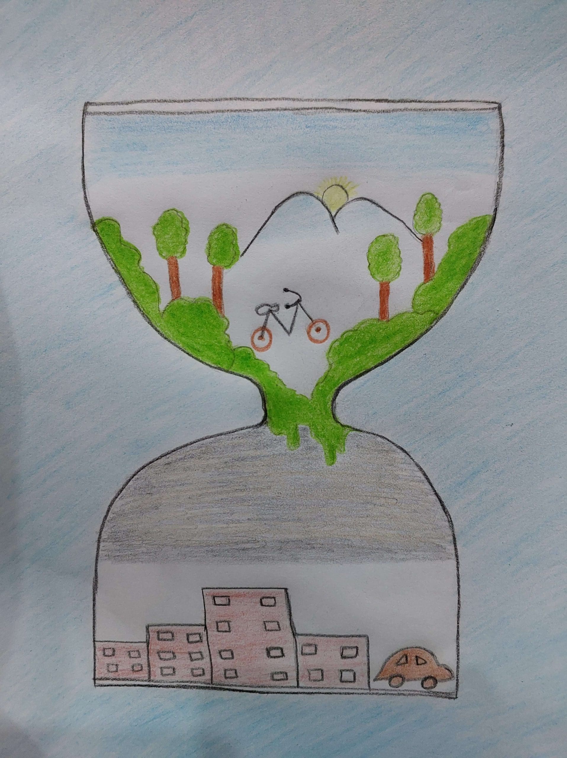 Child drawing by young artist Baran Fateminejad (Iran, age 9), showing the future of planet Earth.