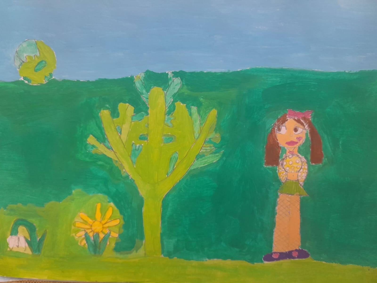 Child drawing by young artist Beatrice Banu, representing a girl and a tree.