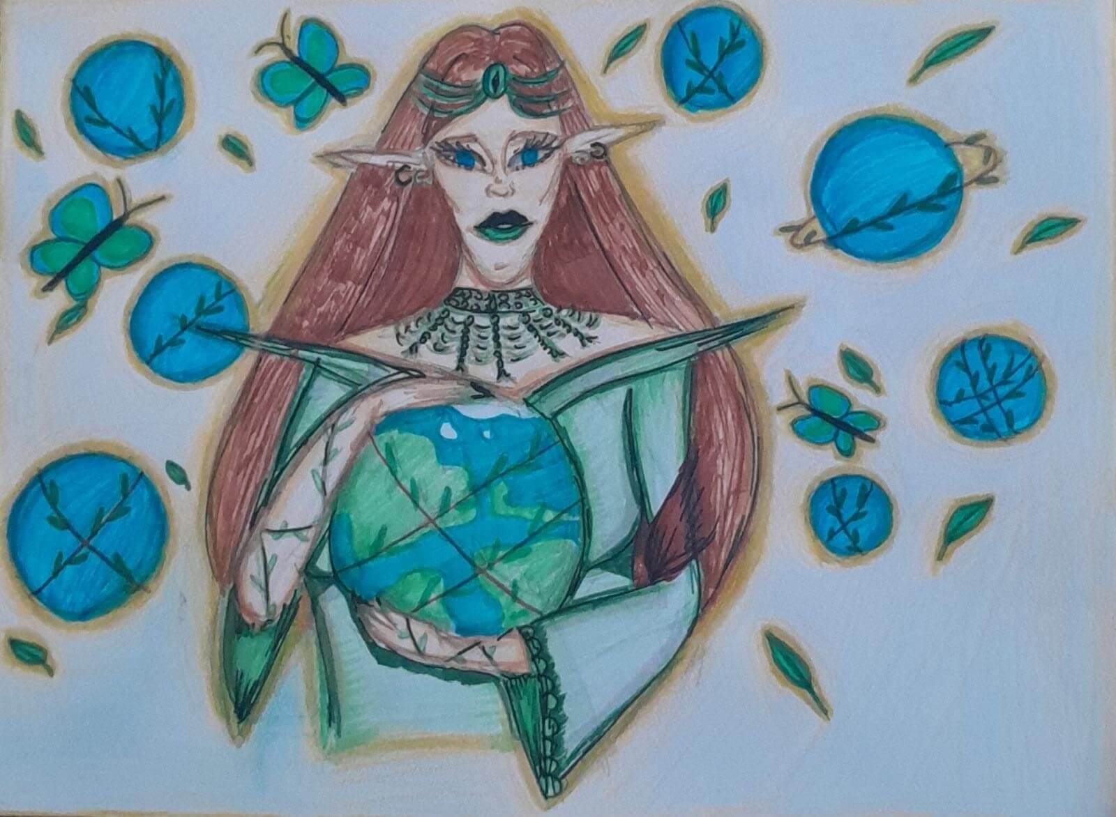 Child drawing of Mother Earth holding the planet Earth by young artist Cristina Matei.