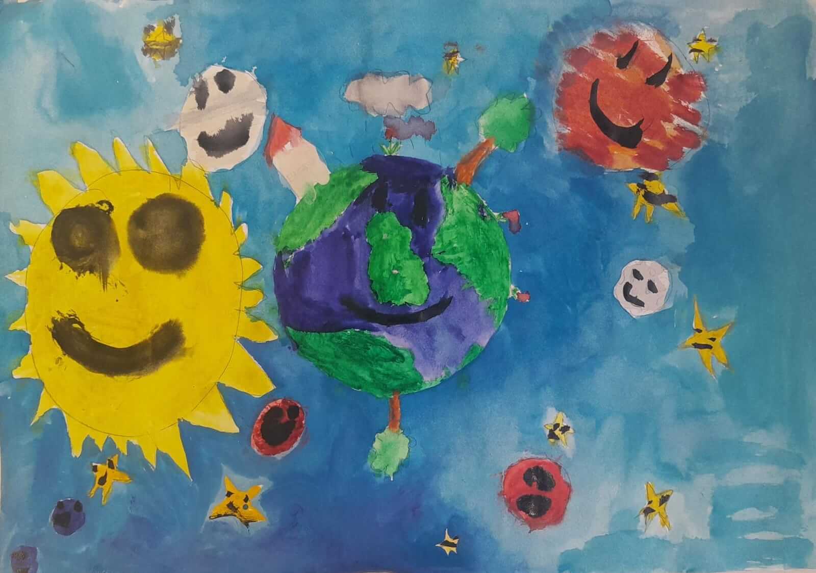Child drawing by young artist Daniel Fieraru, representing the planet Earth, the Sun, and the stars.