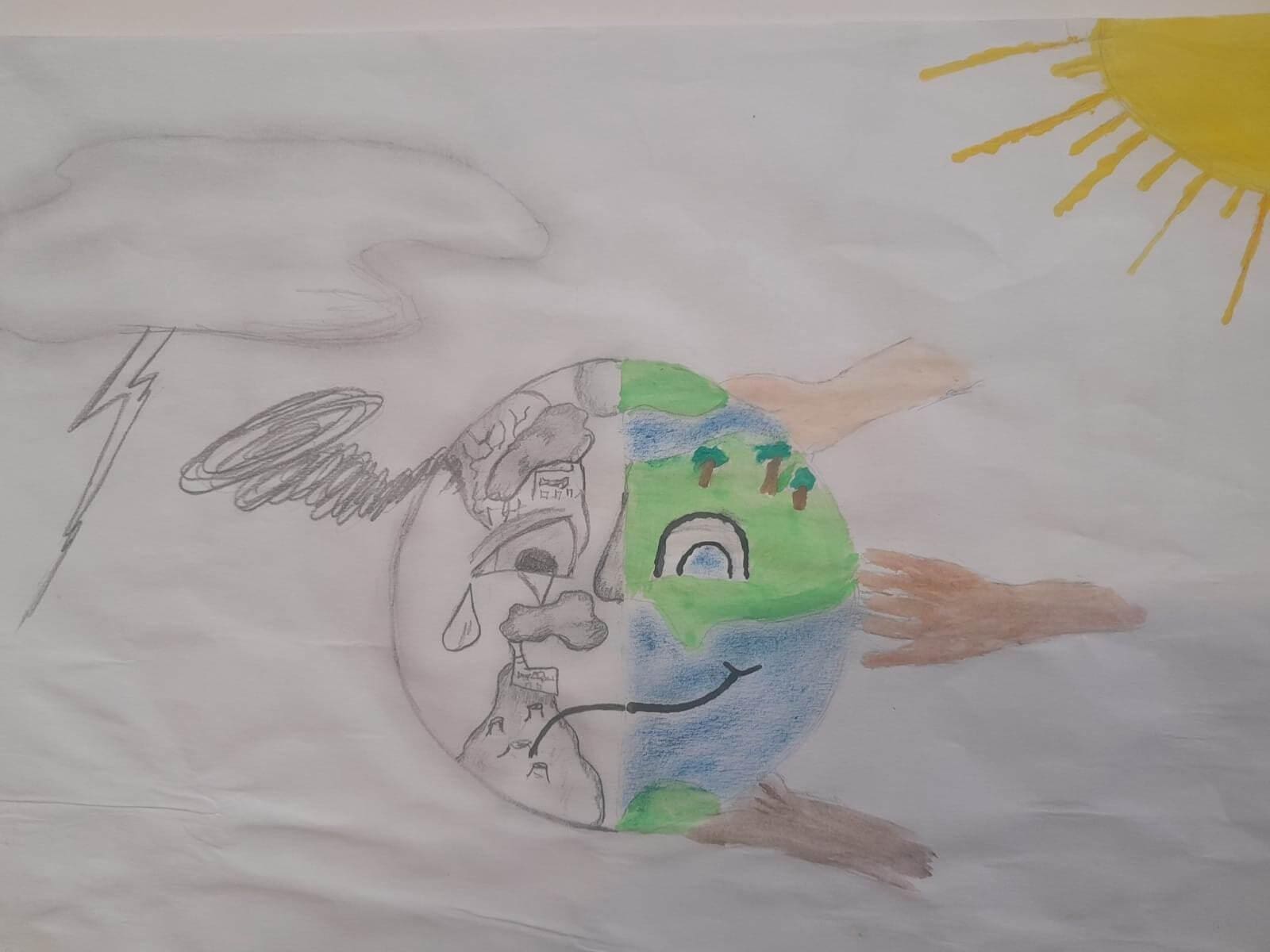 Child drawing by young artist Daria Maria Alupoaiei, representing planet Earth smiling.