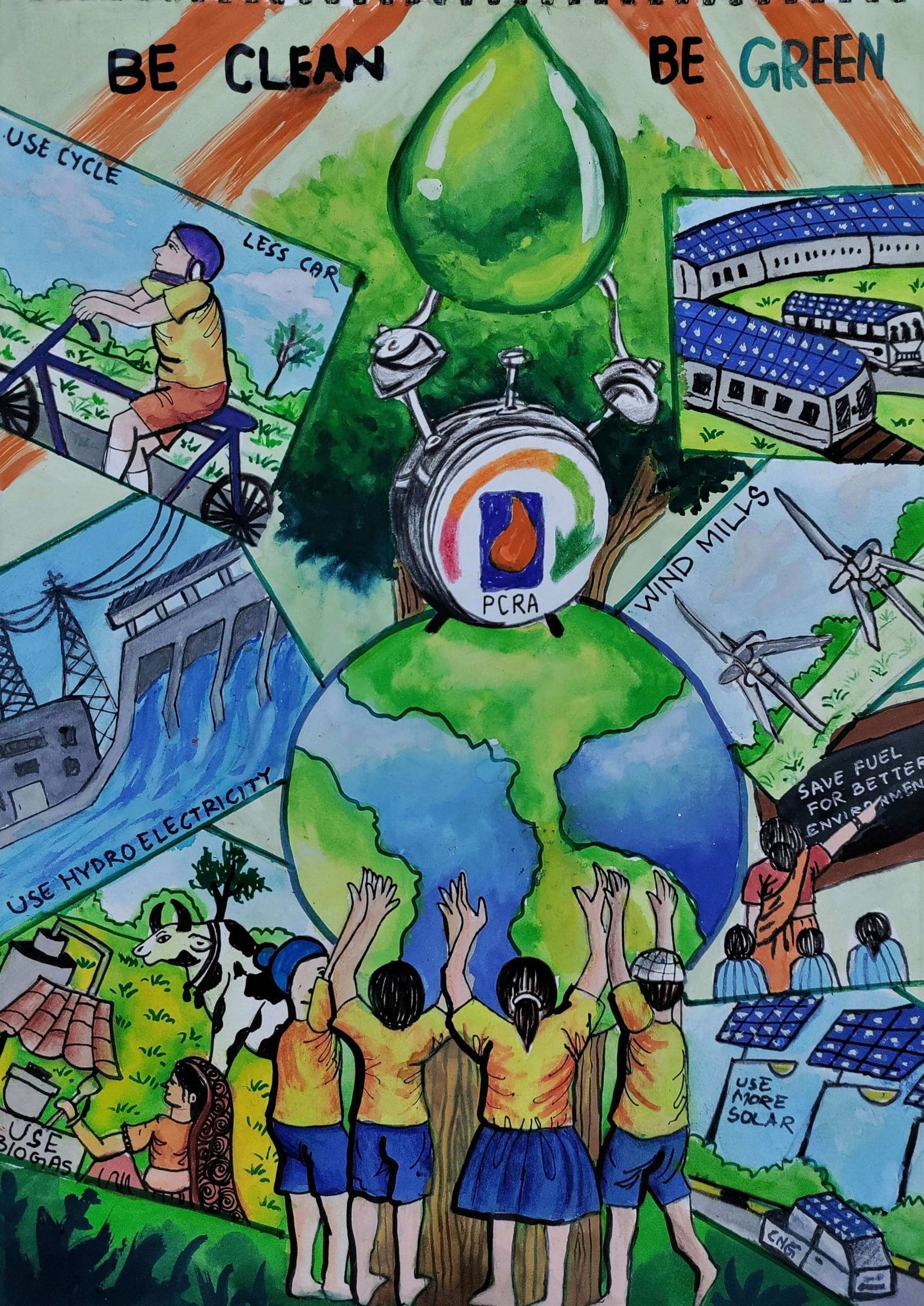 Child drawing by young artist Deepshikha De, representing a group of children holding the planet Earth.