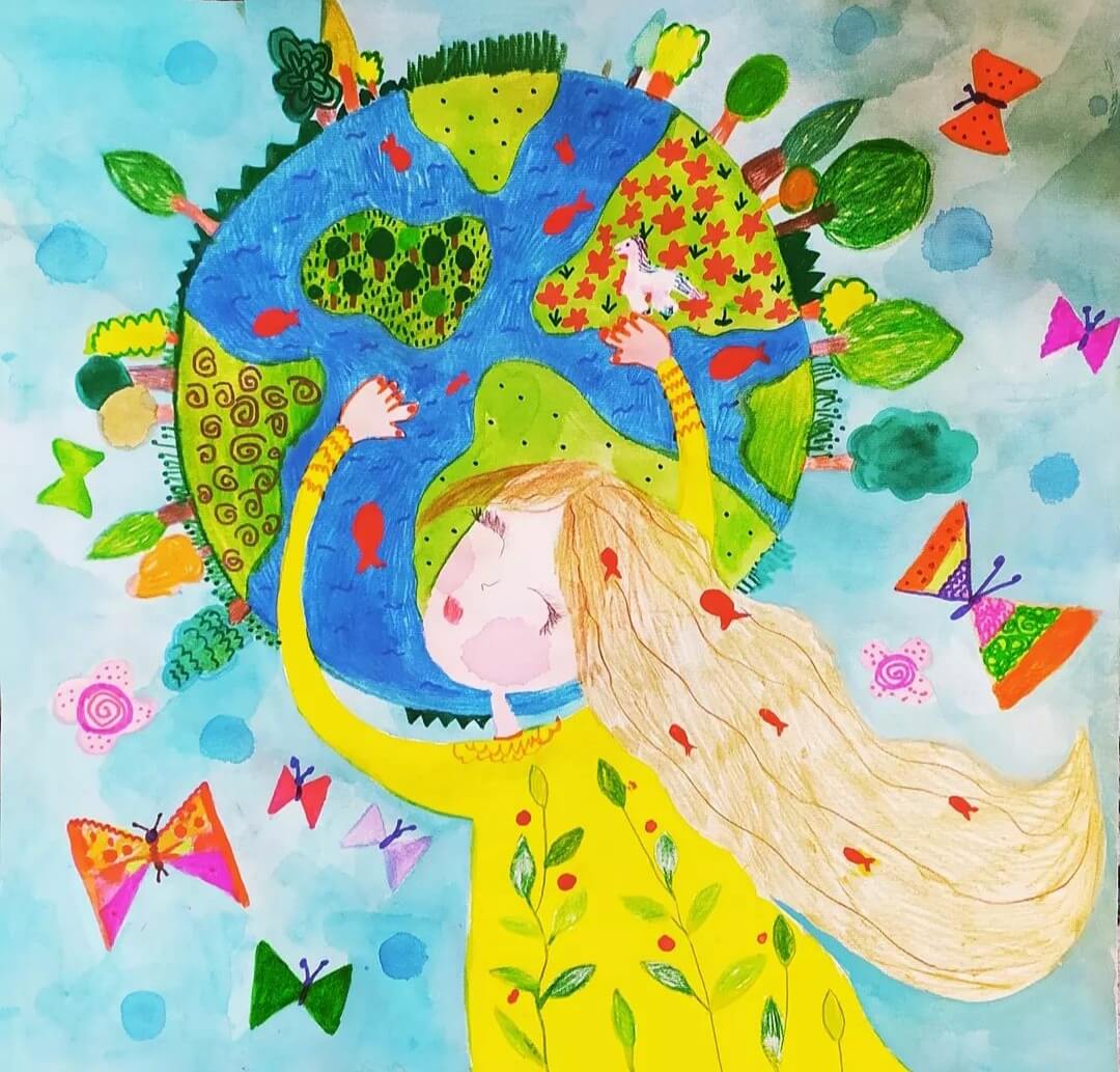 Child drawing by young artist Fateme Masoumi (Iran, age 10), showing a girl hugging planet Earth.