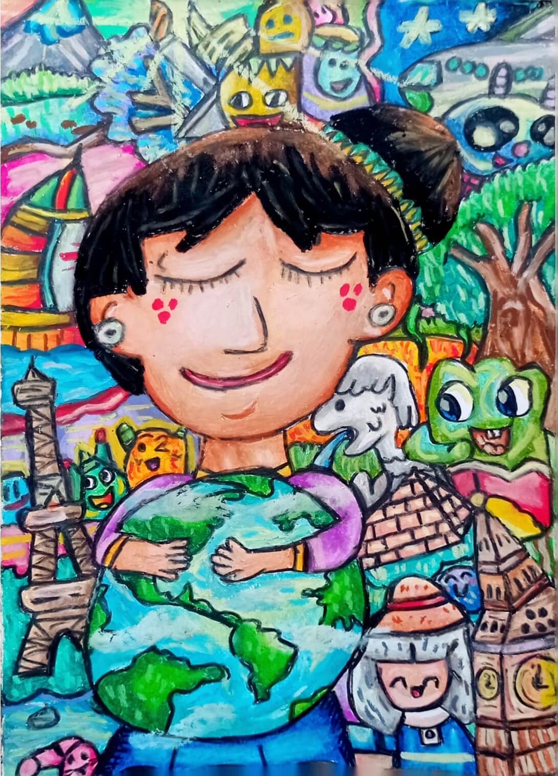 Child drawing by young artist Fico Saverio Susanto (Indonesia, age 10), showing a woman holding in her hands the planet Earth.