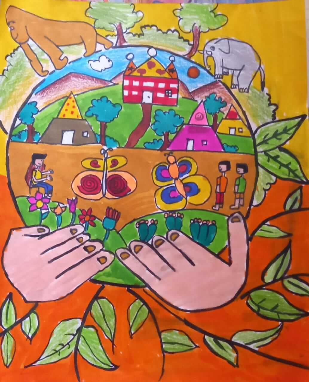 Child drawing by young artist G.Sabarish (India, age 11), showing the planet Earth full of flowers, trees, and animals, being hold by someone's hands.