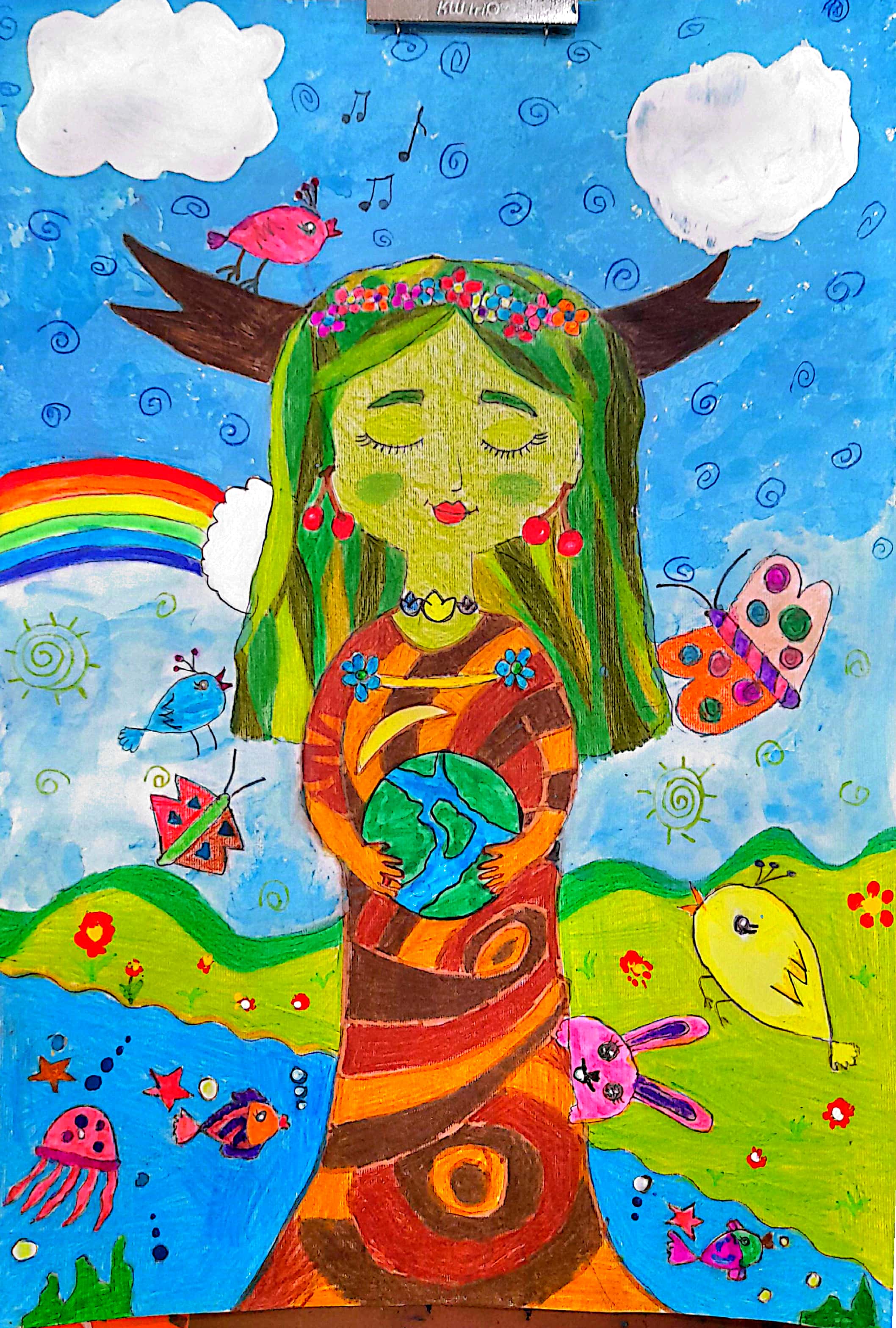 Child drawing by young artist Honya Zahabii (Iran, age 8), showing Mother Earth, holding the planet Earth in her hands.