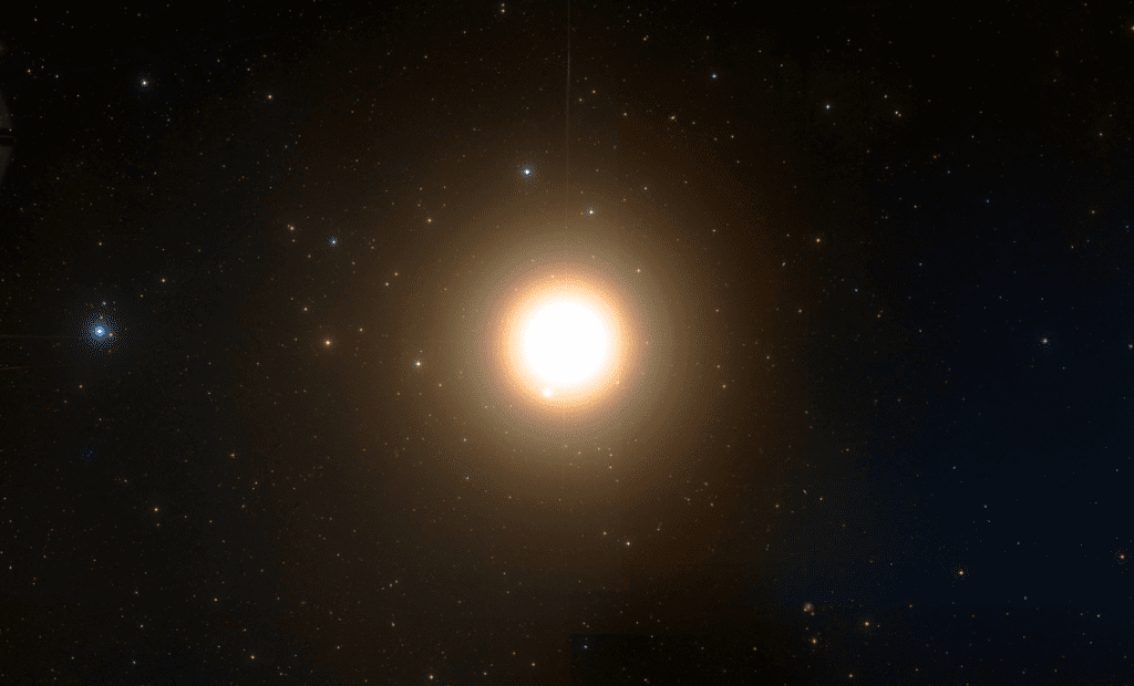 Image of Arcturus created using the Aladin Sky Atlas software from the Strasbourg Astronomical Data Center and DSS (Digitized Sky Survey) data. DSS is one of the programs of STScI (Space Telescope Science Institute) whose files are in the public domain.