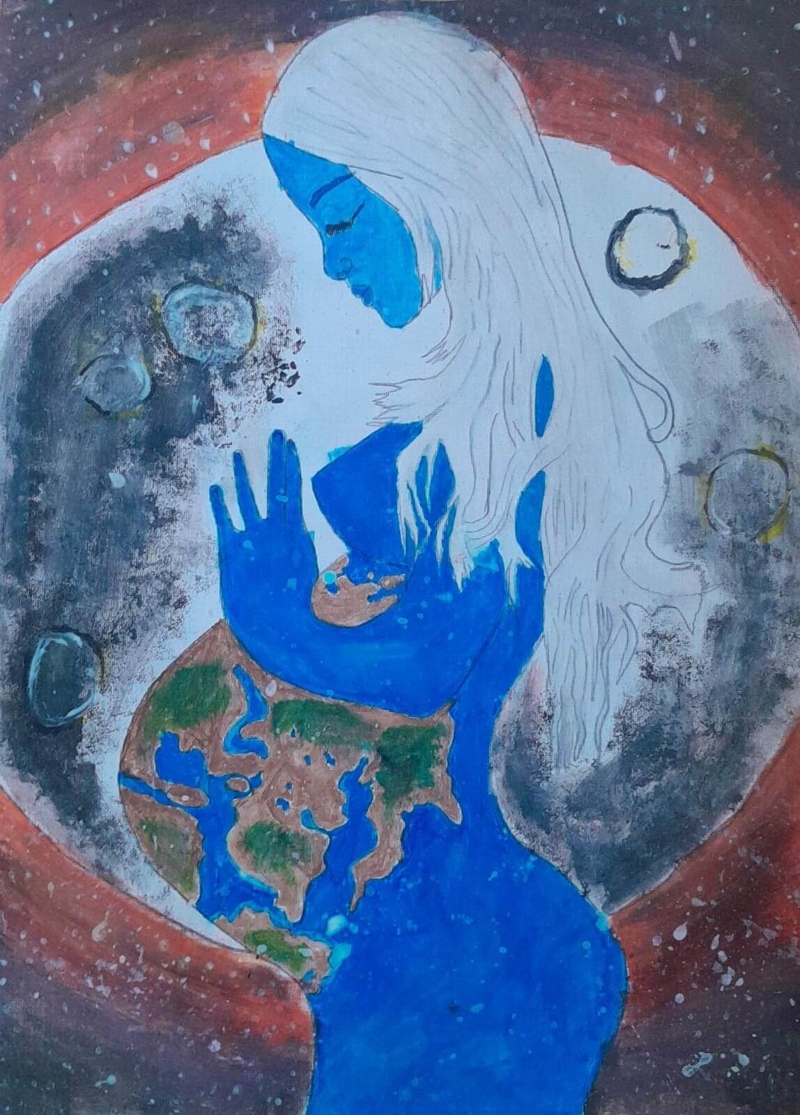 Child drawing by young artist Iuliana Făcăleț, representing pregnant Mother Earth in Cosmos.