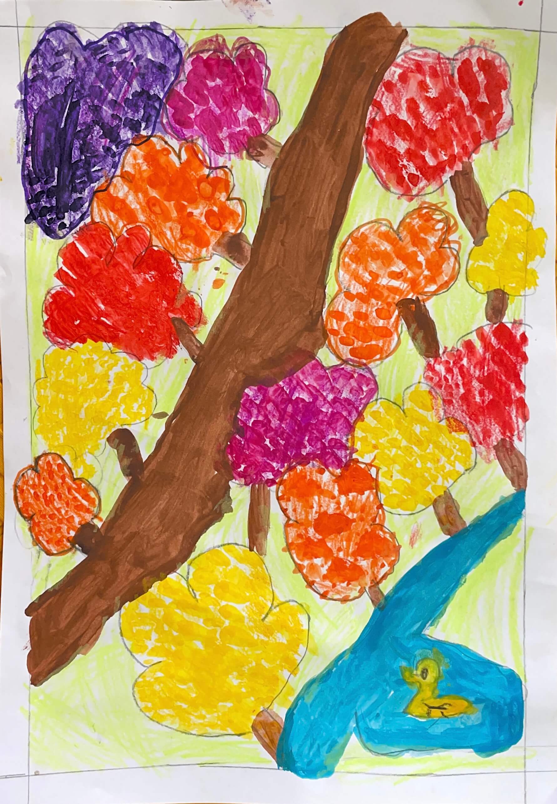 Child drawing by young artist Krishwanth.S (India, age 6), showing trees and lakes with ducks.