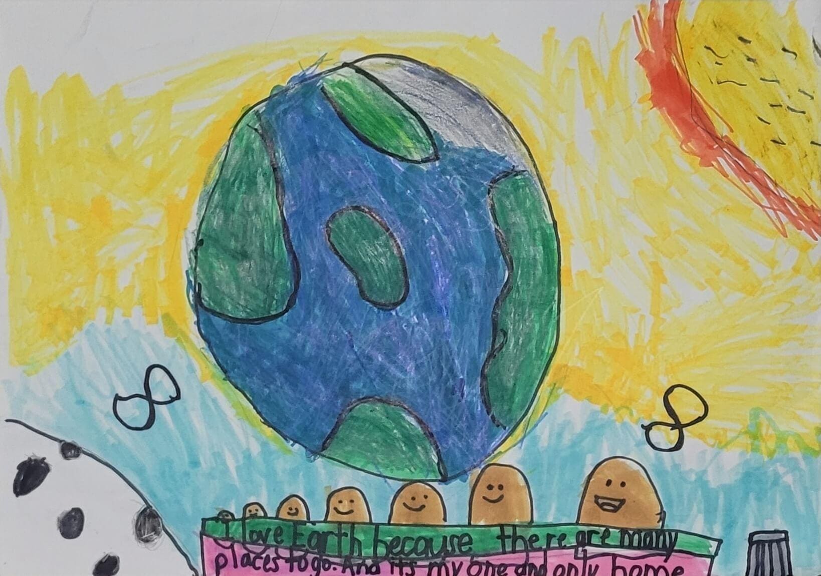 Child drawing by young artist Luke Albertte, representing the planet earth and the Sun.