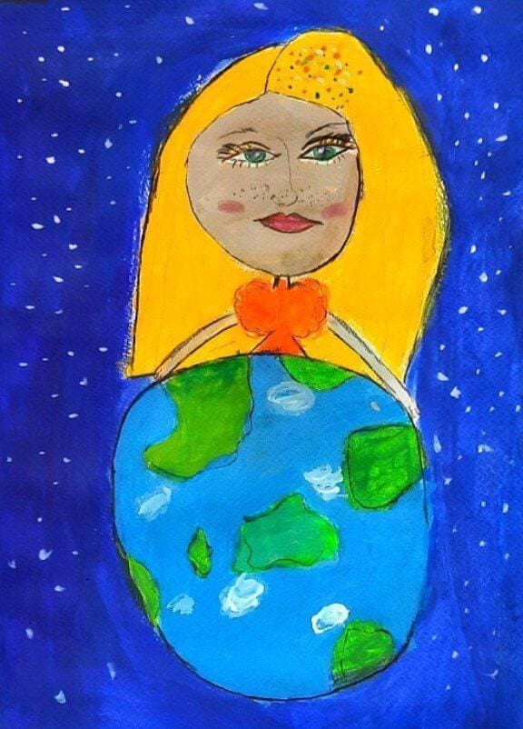 Child drawing by young artist Maryam Mirzaei, representing Mother Earth holding planet Earth.