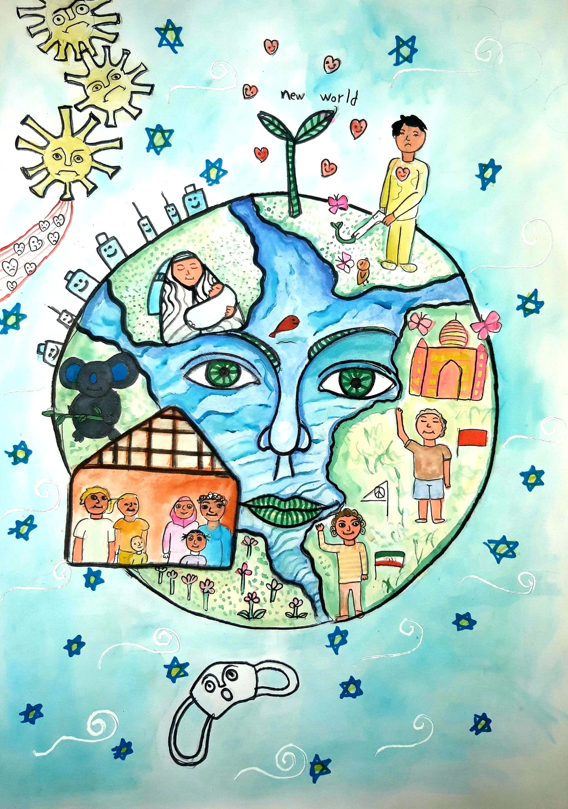 Child drawing by young artist Mohammad Mahan Molazadeh (Iran, age 12), showing planet Earth, a house with people inside it, children waving 'Hello', a mask, a Koala, and a hunter.