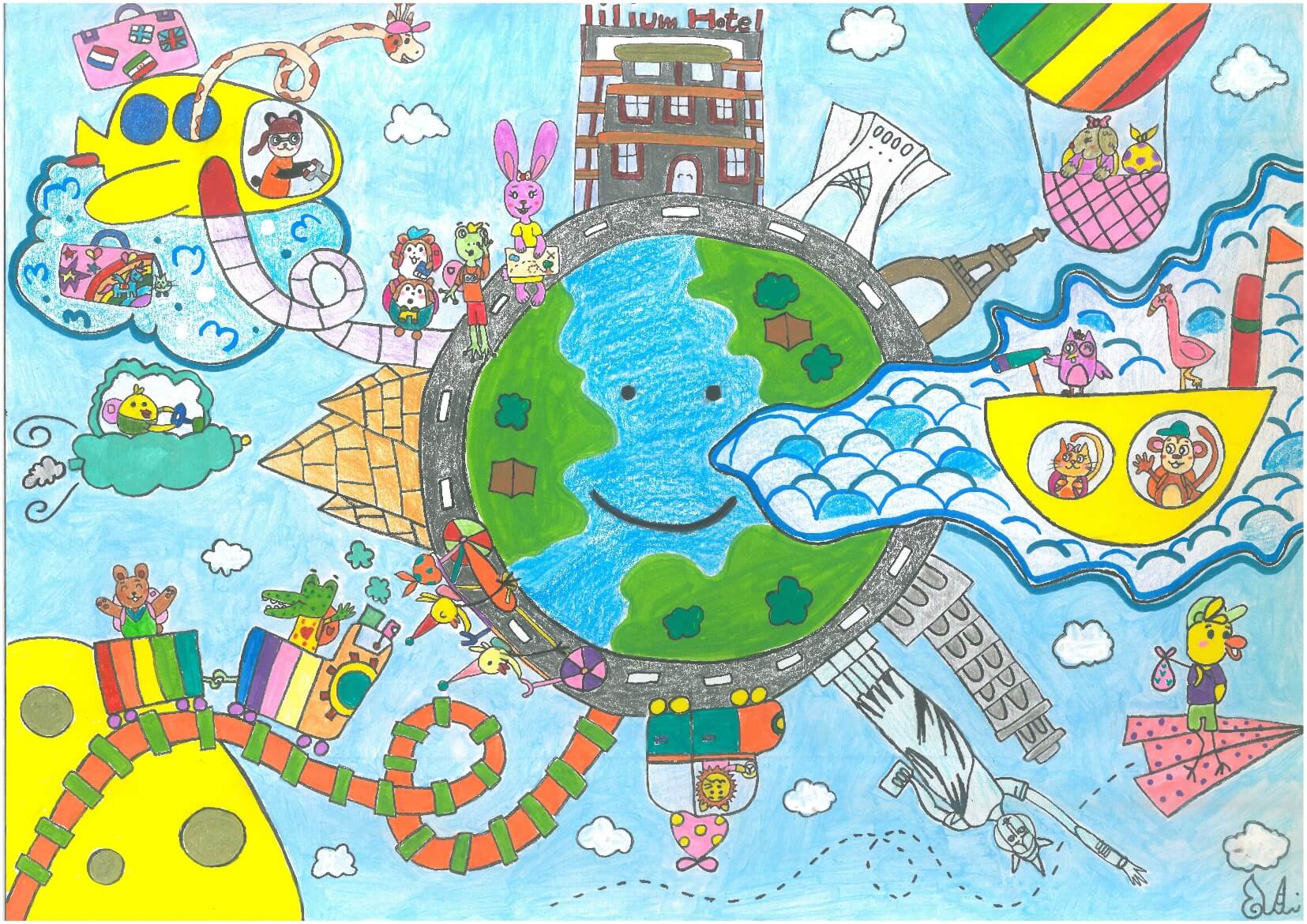 Child drawing by young artist Nilya Sadat Mirrezaie (Iran, age 10), showing planet Earth with animals, famous buildings, and children.