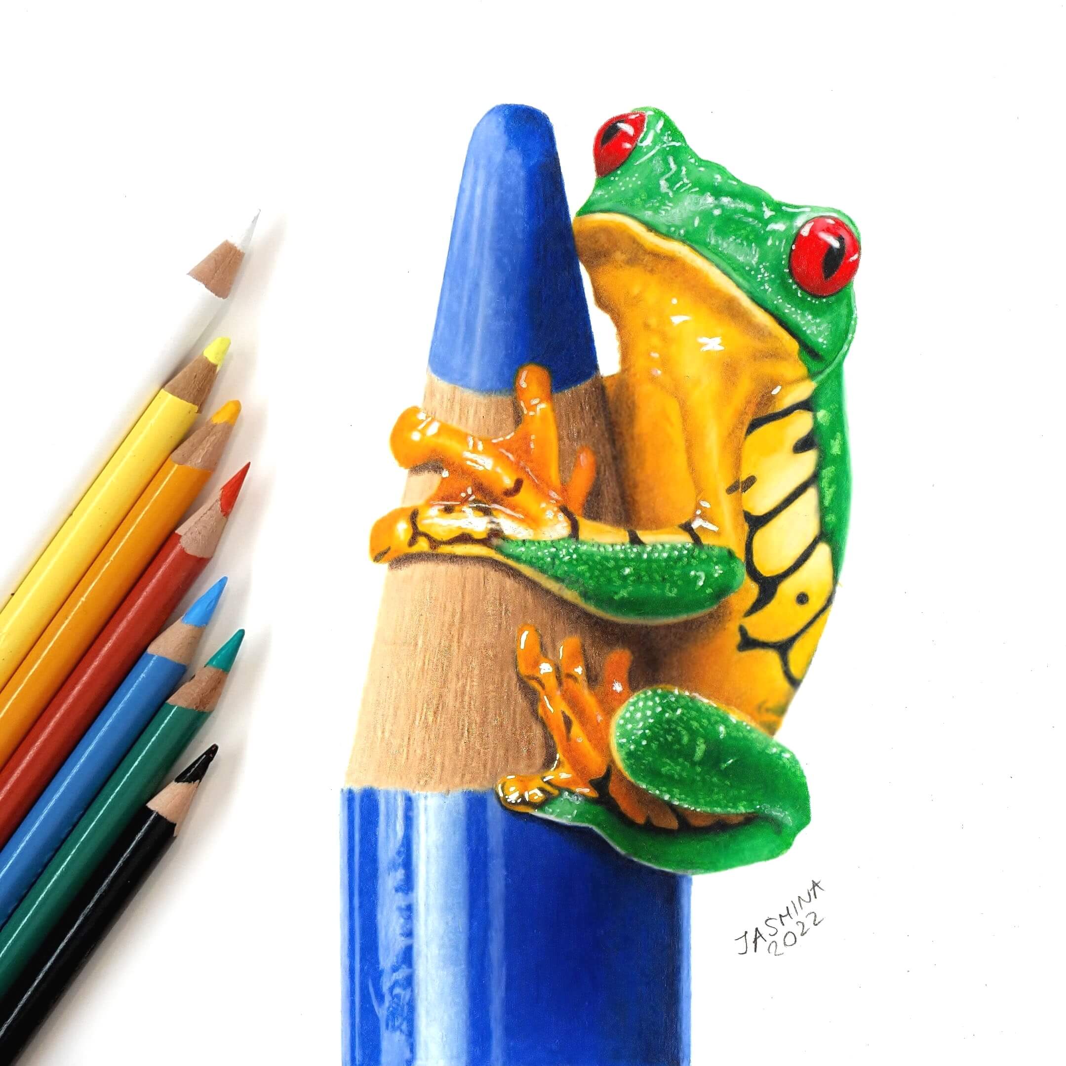 Photorealism representing a small green frog, by artist Jasmina Susak.