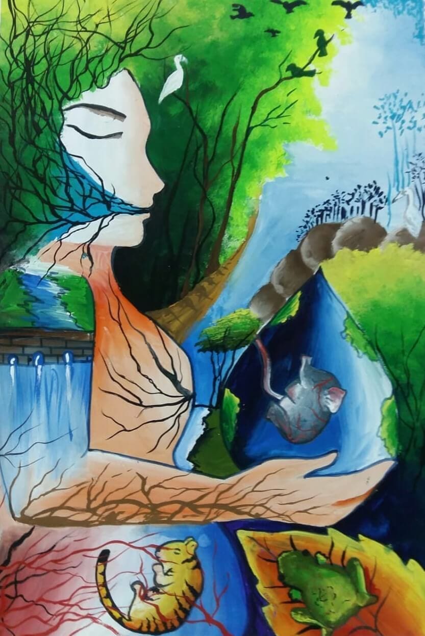 Child drawing by young artist R.Sayali Ashley Queen (India, age 14), showing Mother Earth holding in her hands the planet Earth.