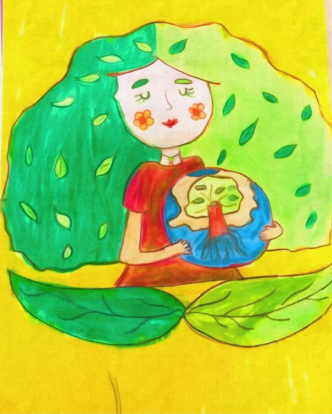 Child drawing by young artist Roshana Shahi, representing a girl and our planet.