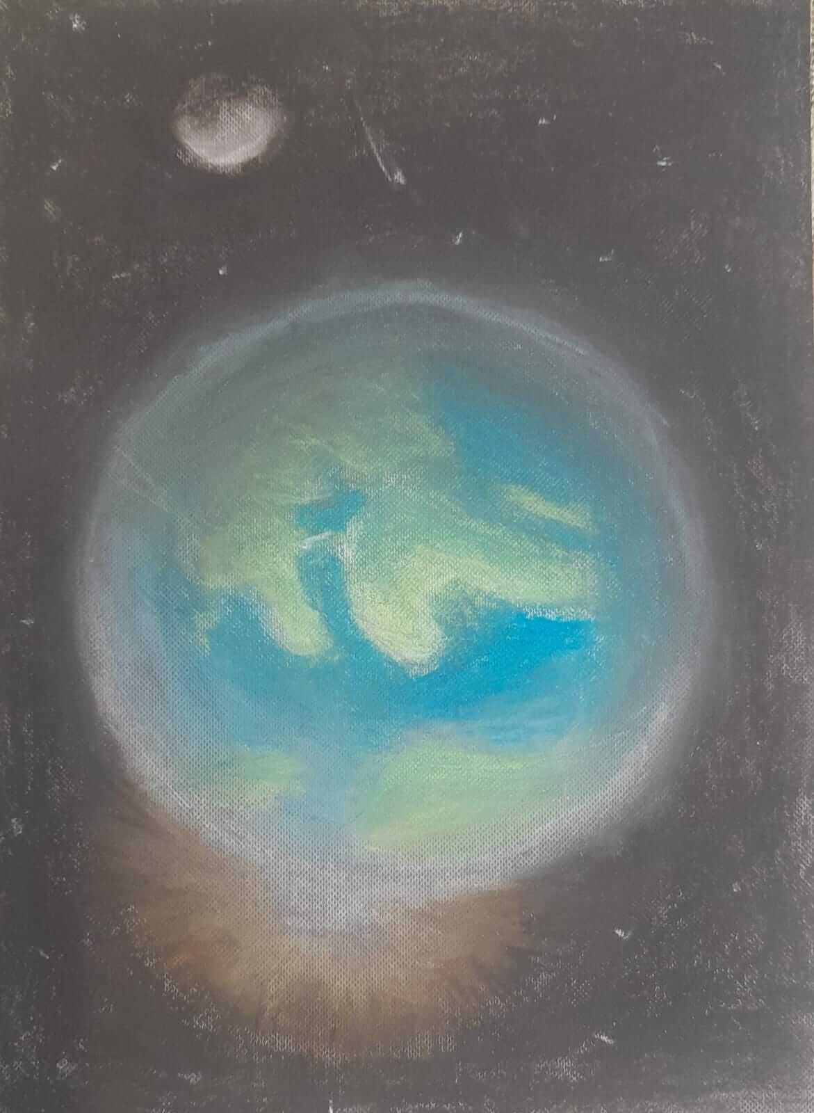 Child painting by young artist sara Mihalache, representing planet Earth and the moon in Cosmos.
