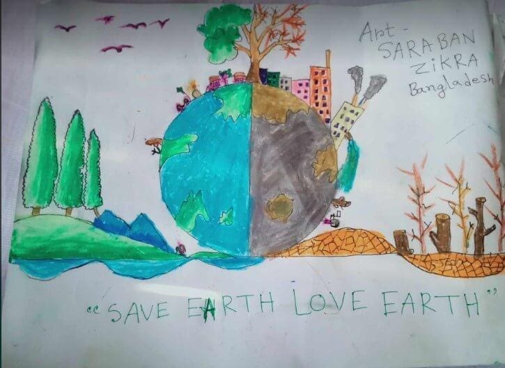 child drawing of a healthy planet versus a sick one