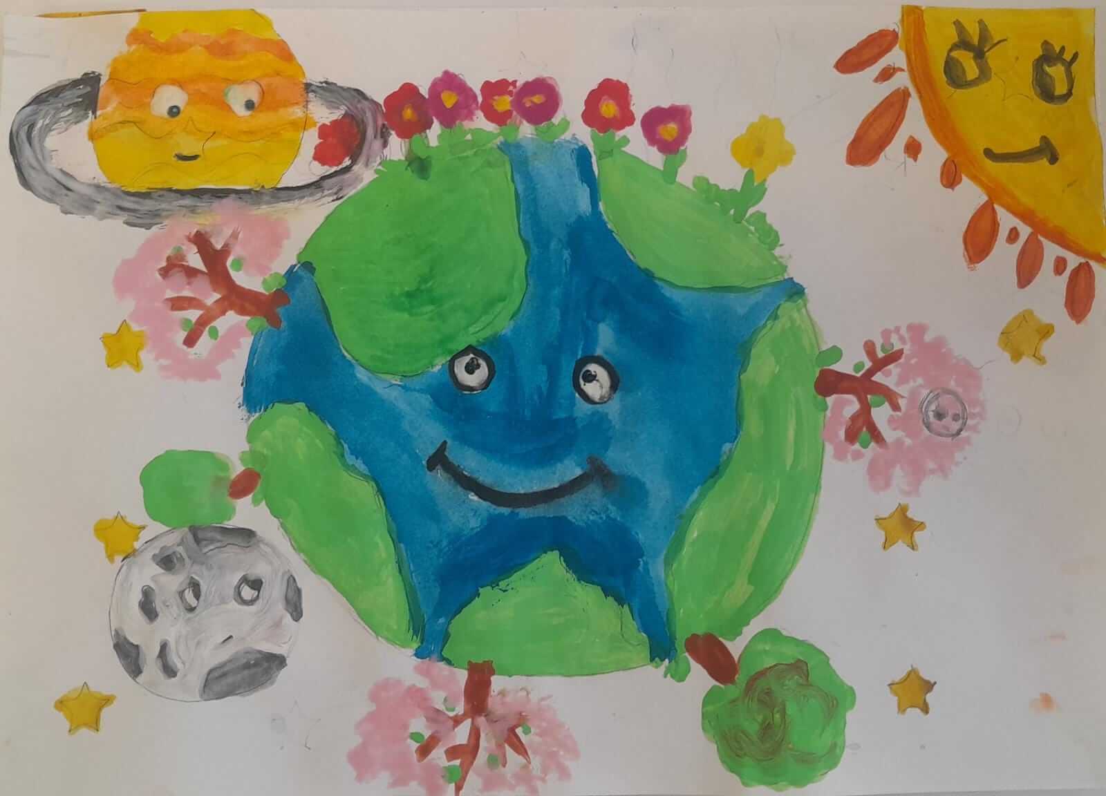 Child drawing by young artist Sofia Maria Necula, representing planet Earth, the moon, and some stars.