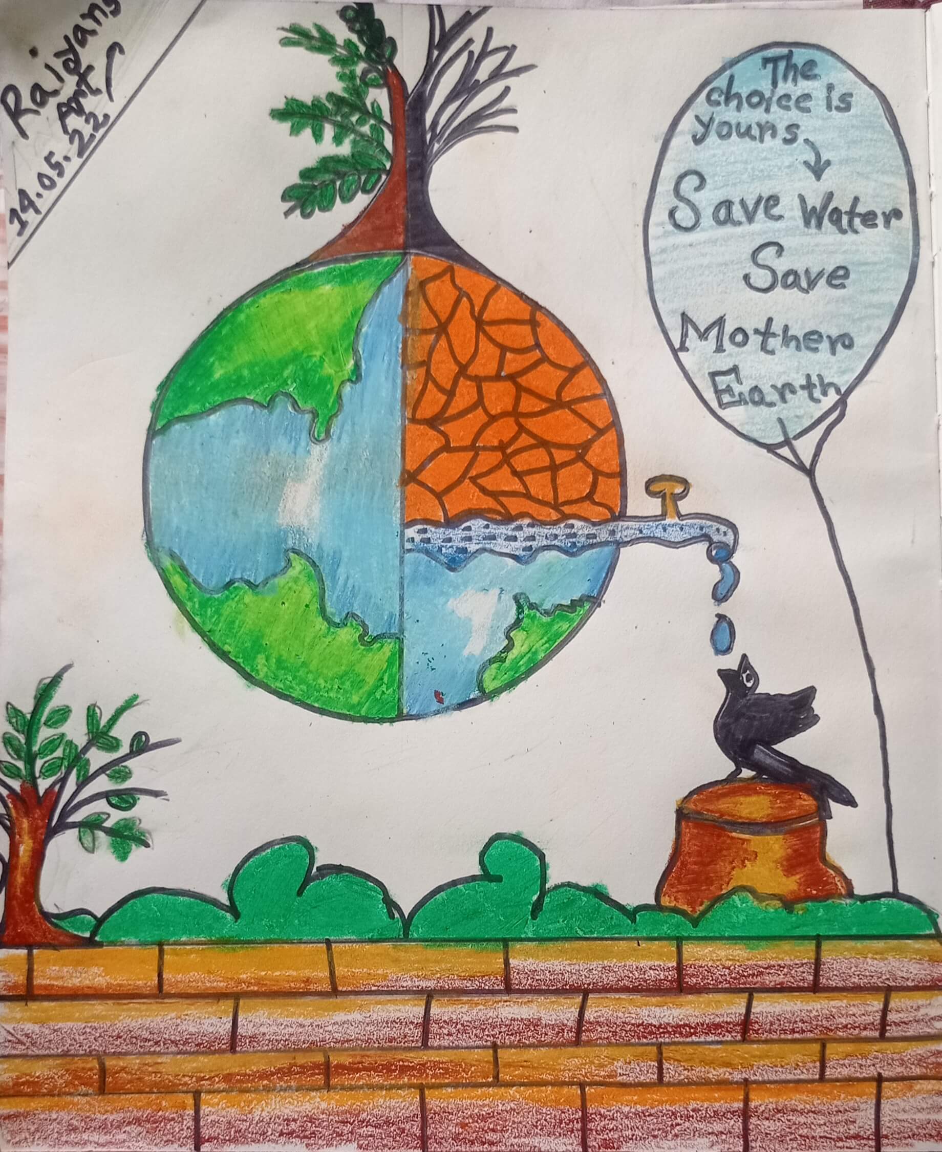 Child drawing by young artist Tahmidul Islam Raiyan, with the message to save water and the planet.