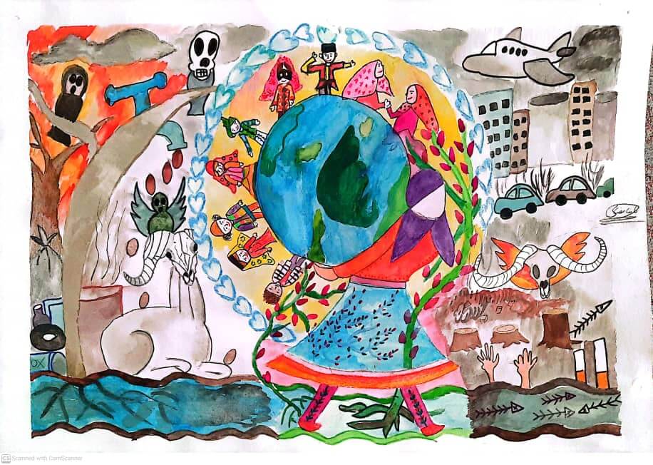 Child drawing by young artist Taniya Rezaei, representing Mother Earth.