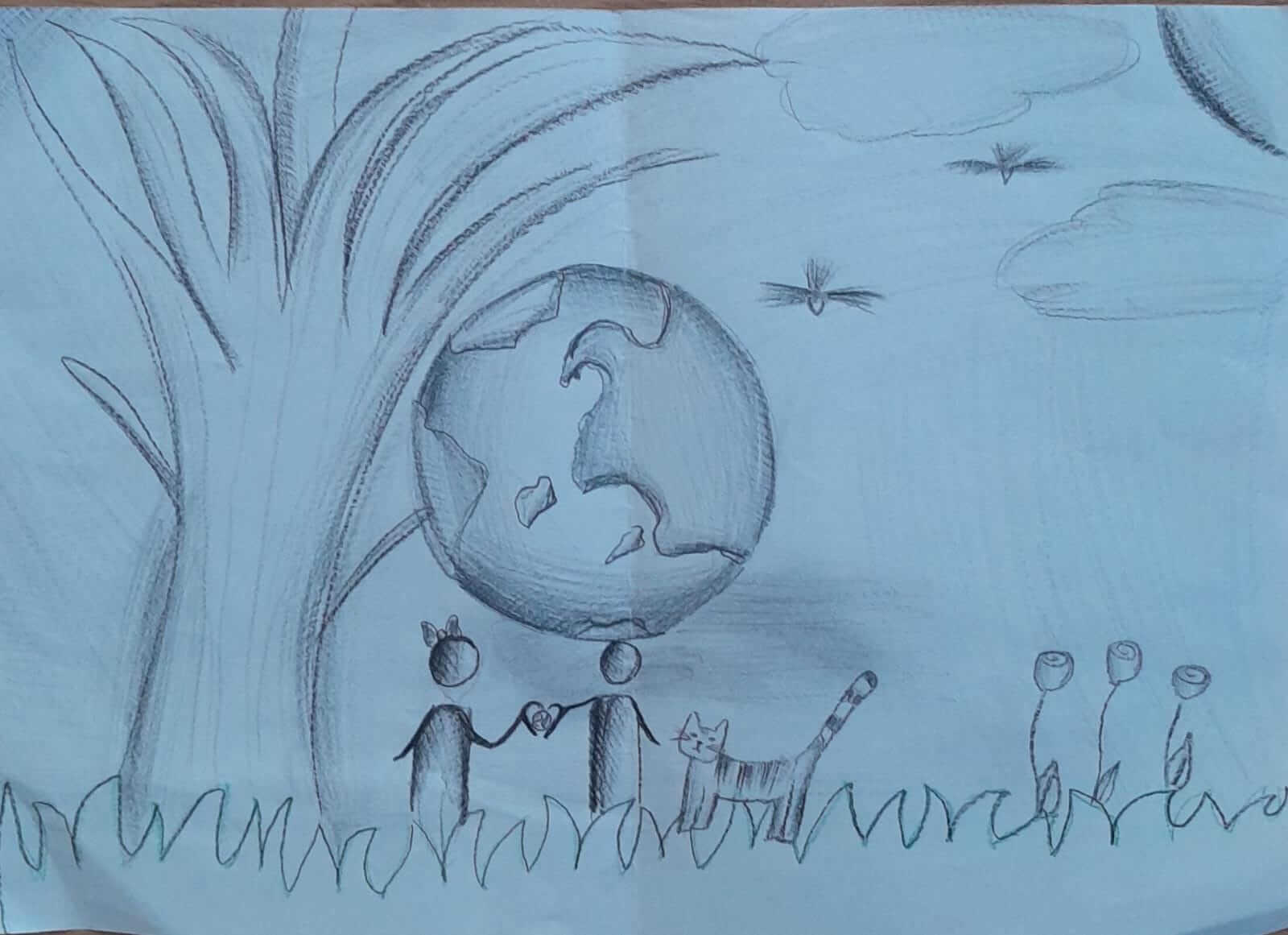 Child drawing by young artist Theodora Profira, representing the planet earth, a cat, and two children holding hands.