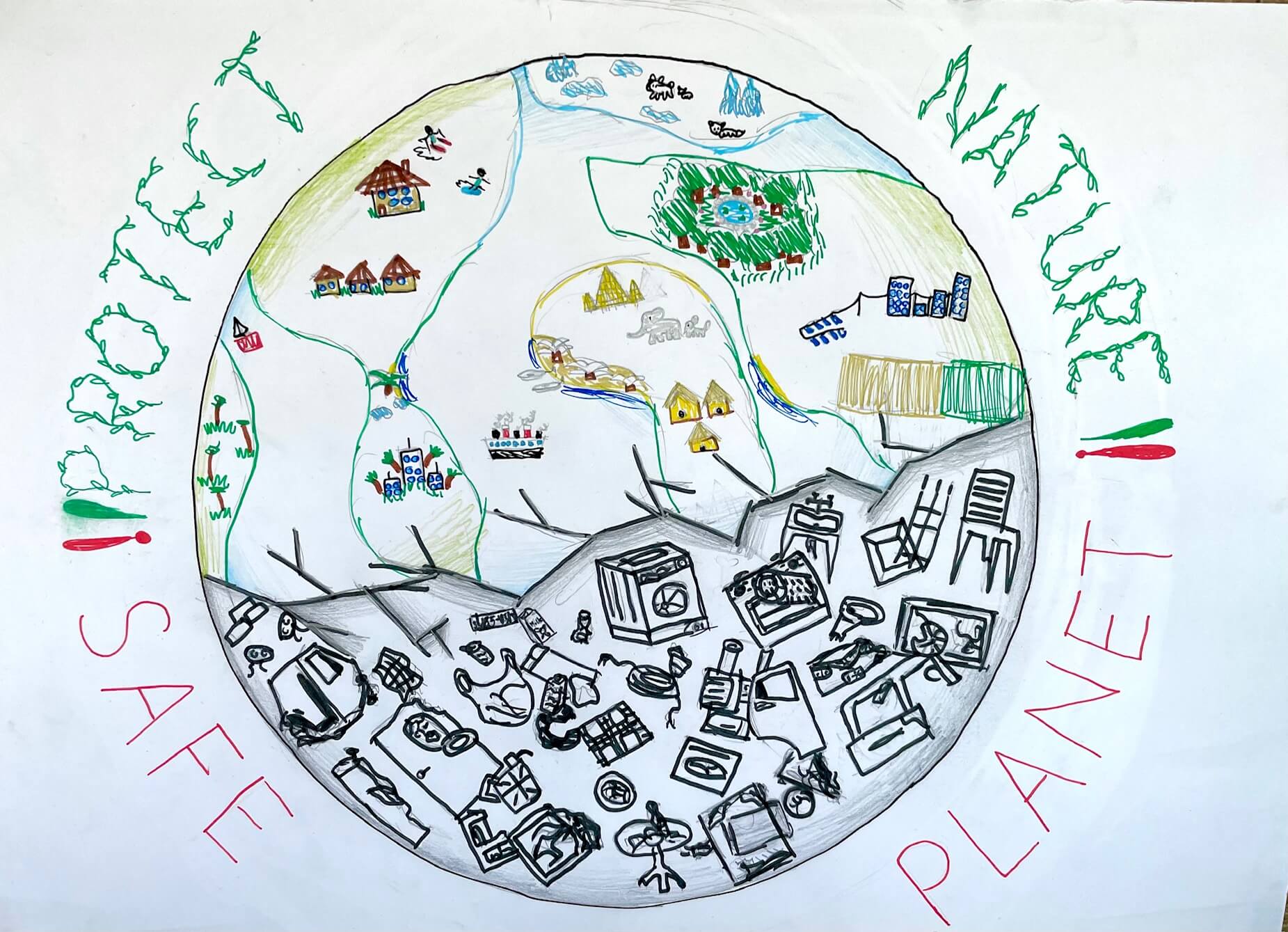 Child drawing by young artist Victor Feodorov, (Romania, age 9), showing planet Earth surrounded by the written message: "Protect nature, safe planet".