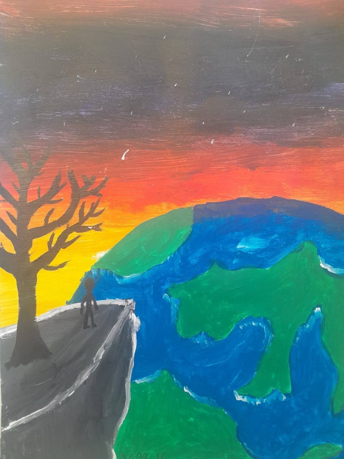 Child painting by young artist Vicenzo Vella, representing a man looking from a hill at planet earth.